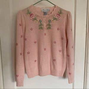 vintage cottagecore sweater with embroidery and pearl detailing